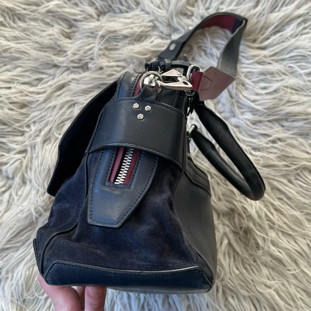 Rag & Bone Small Pilot Navy Blue Red Accent Leather Suede Zip-Up Satchel Bag